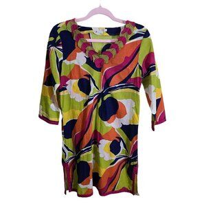 Boden Multicolor Floral Tunic Dress With 3/4 Sleeves Decorative Neckline Size 4